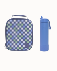 Checkered lunch bag and blue water bottle on a white background