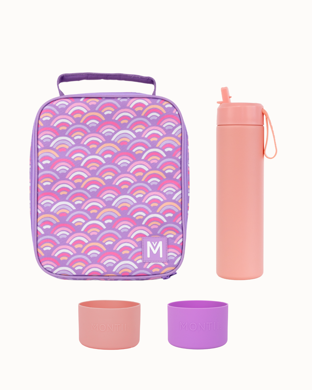 MontiiCo Large Lunch Bag and Bottle Set - Rainbow Roller