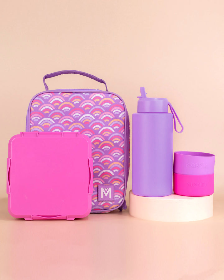 MontiiCo Large Lunch Bag, Bento Plus and Bottle Set - Rainbow Roller