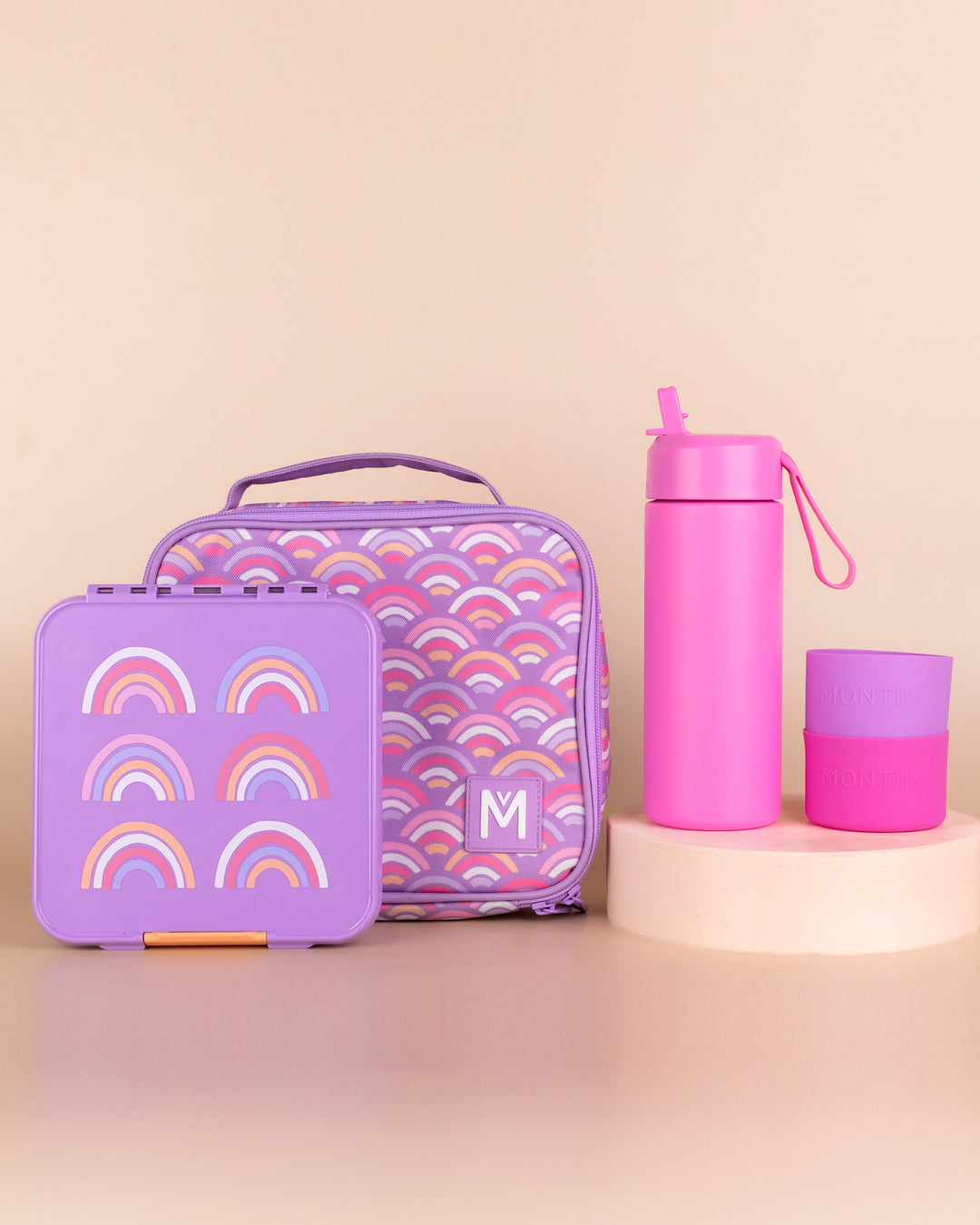 MontiiCo Medium Lunch Bag, Box and Bottle Set - Rainbow Roller