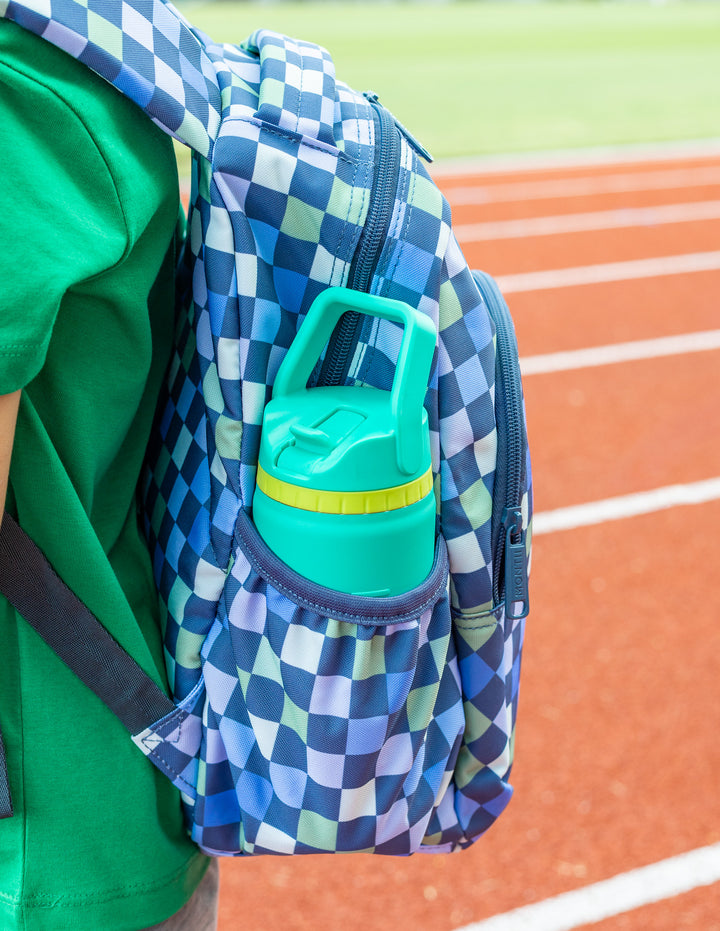 MontiiCo Mini Backpack - Checkmate with sport drink bottle in the side pocket
