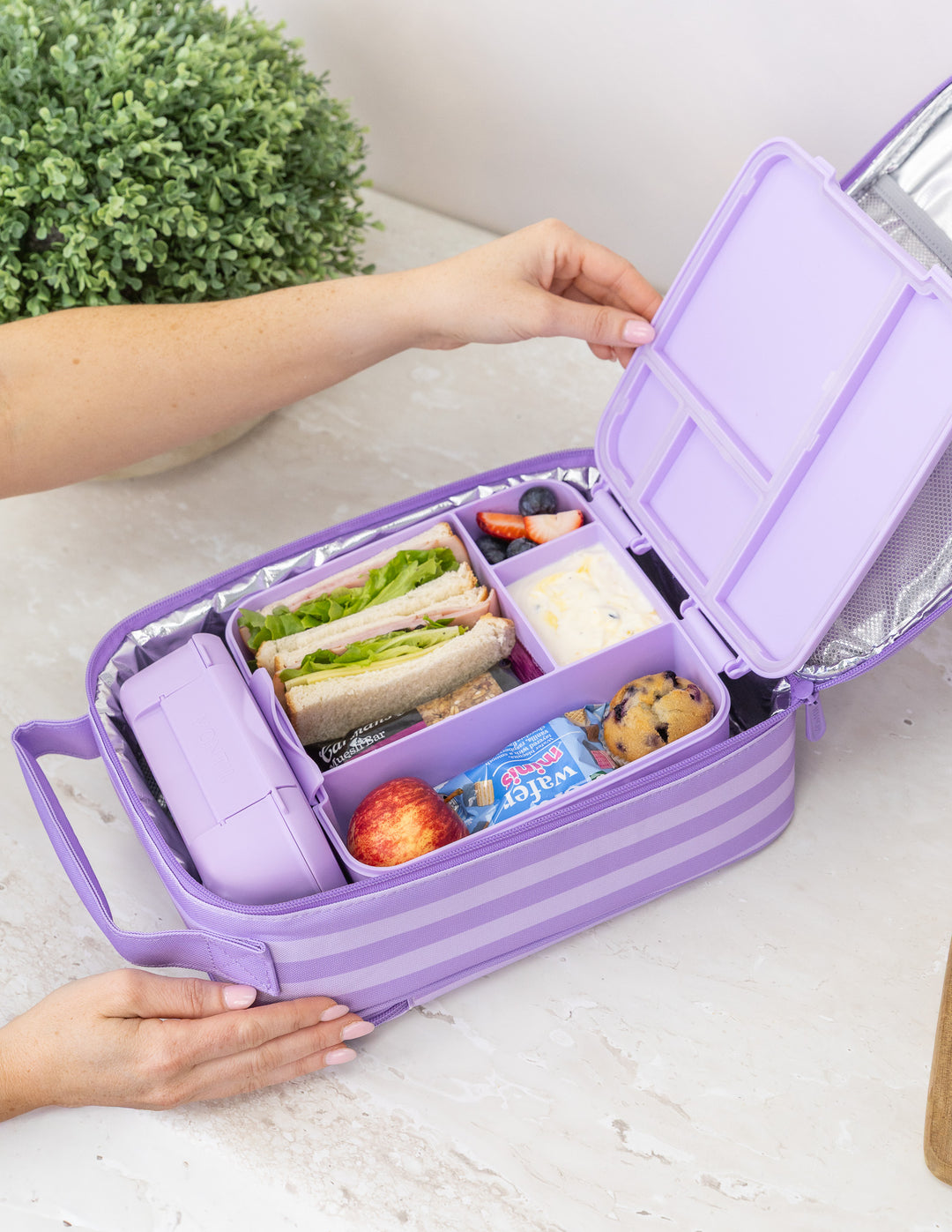 MontiiCo Large Insulated Lunch Bag - Lilac Stripe