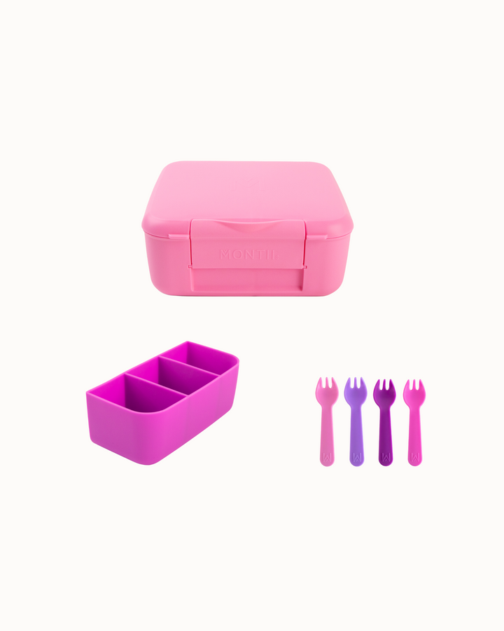 Pink lunch box with pink and purple compartments and forks on a white background