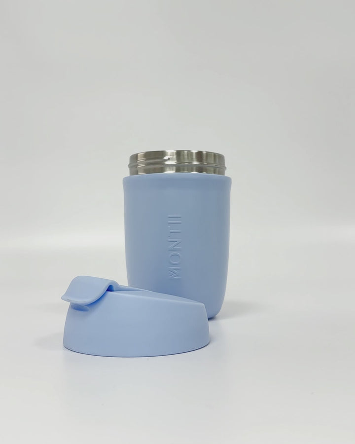 MontiiCo 380ml Travel Cup - Cornflower showing parts and interior