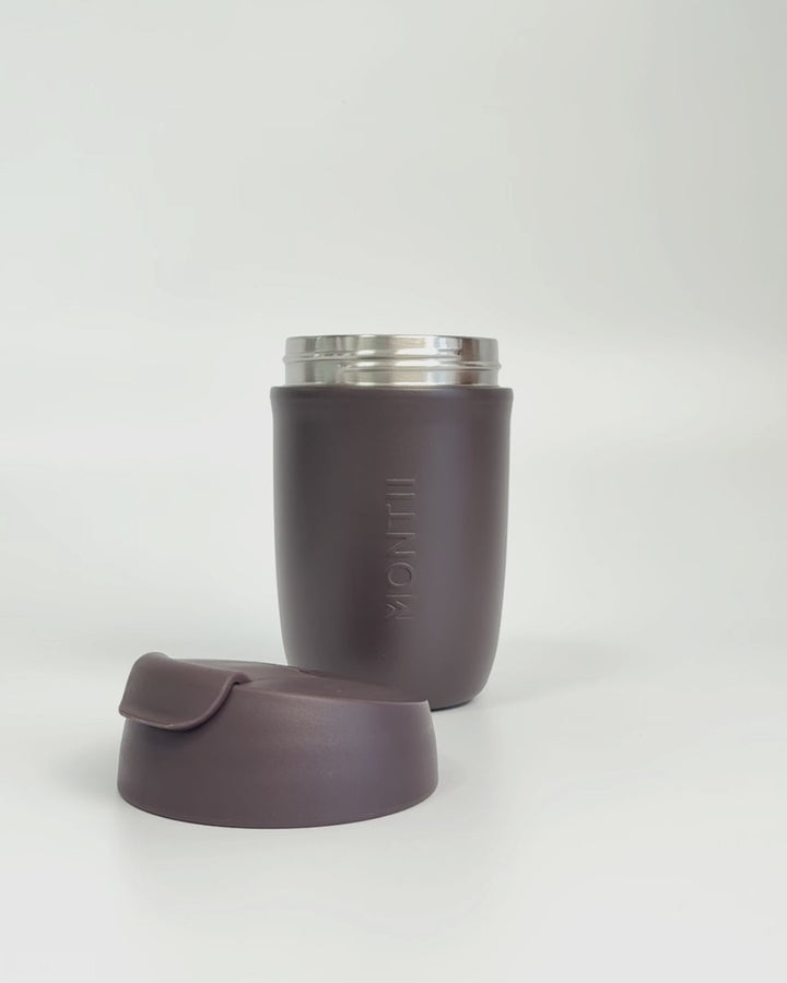 MontiiCo 380ml Travel Cup - Chocolate showing parts and interior