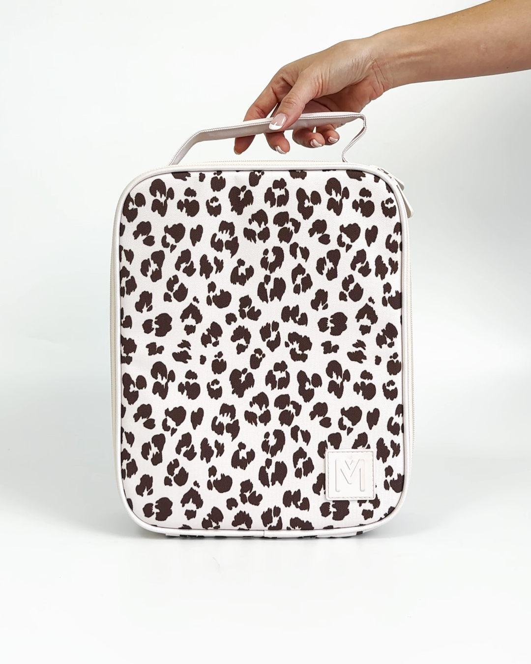 MontiiCo Large Insulated Lunch Bag - Cream Leopard showing interior compartments