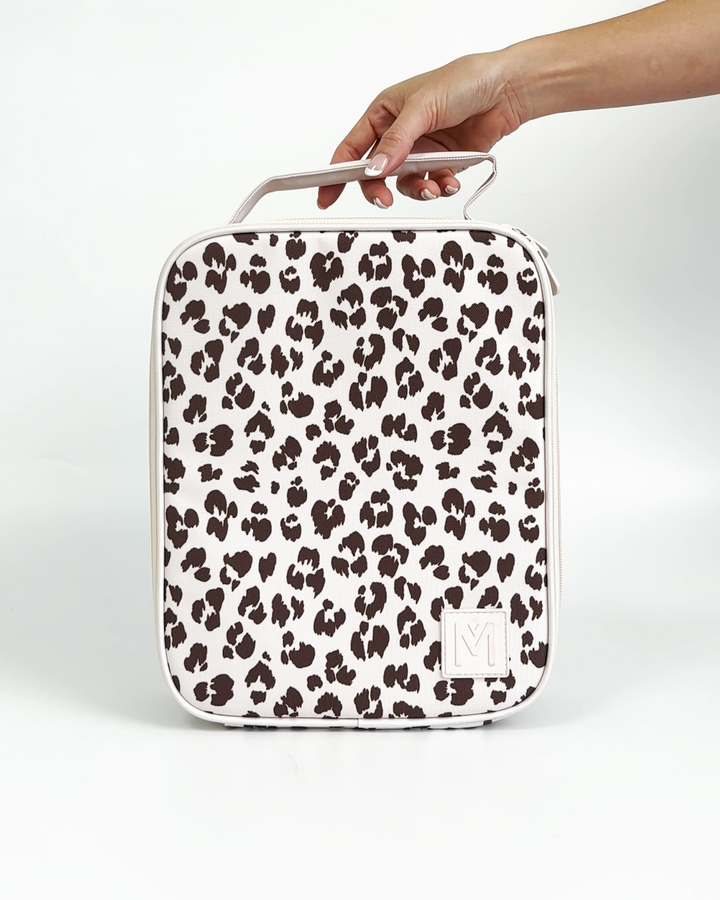 MontiiCo Large Insulated Lunch Bag - Cream Leopard showing interior compartments