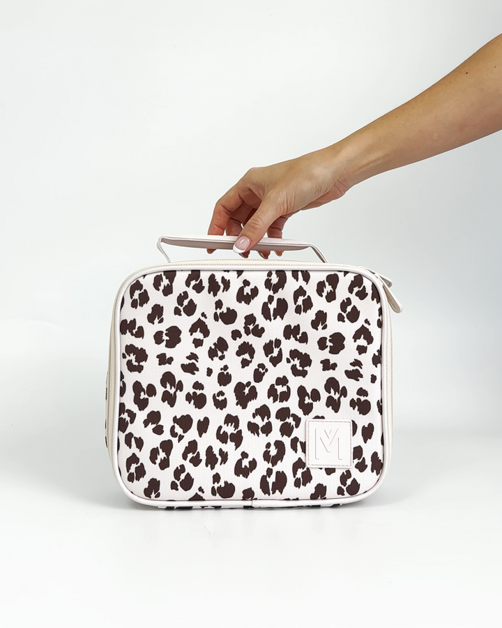MontiiCo Medium Insulated Lunch Bag - Cream Leopard showing interior compartments