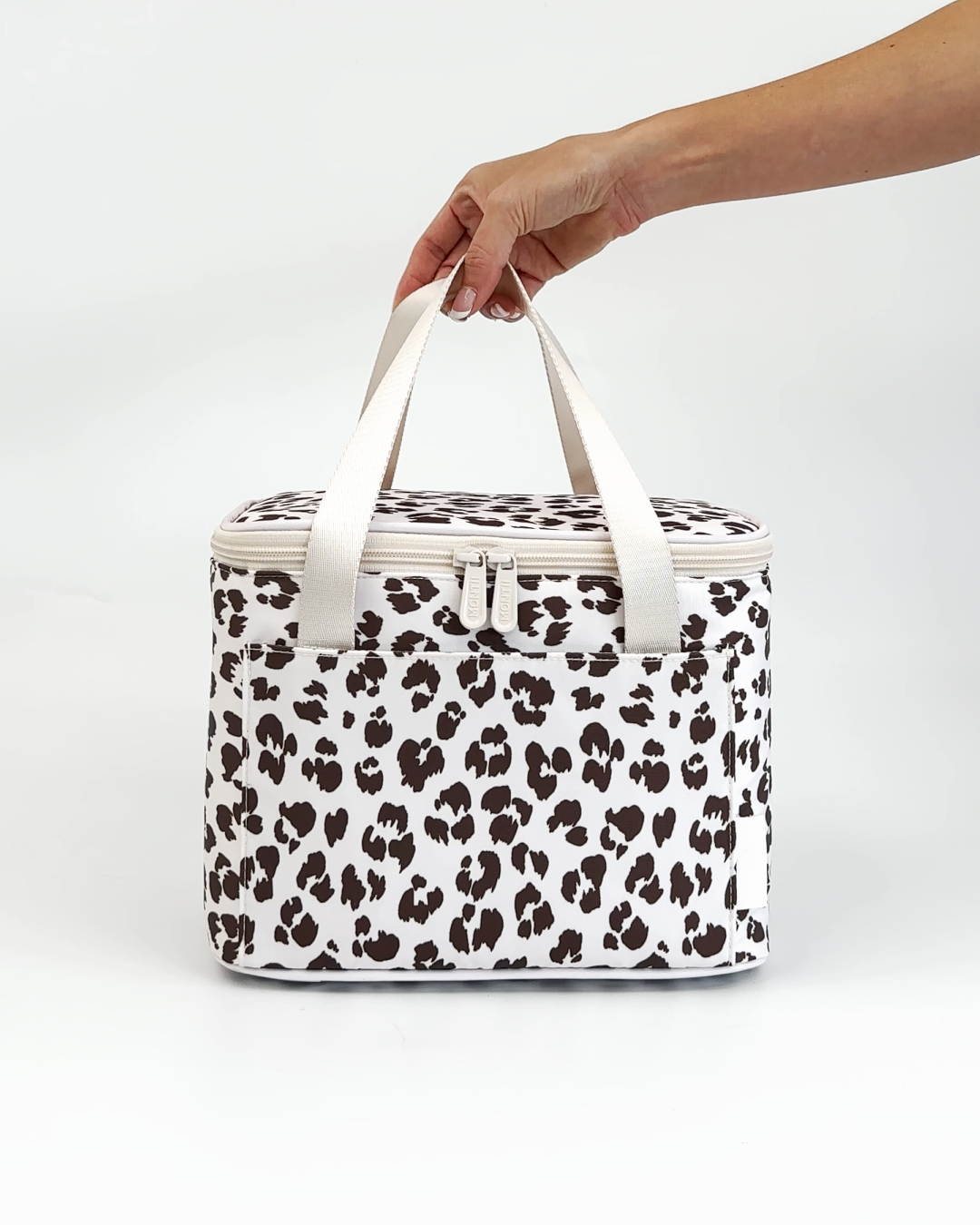 MontiiCo Insulated Cooler Bag - Cream Leopard with Ice Pack showing interior design and compartments