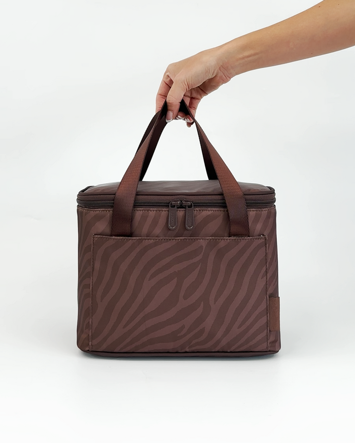MontiiCo Insulated Cooler Bag - Zebra with Ice Pack showing interior design and compartments